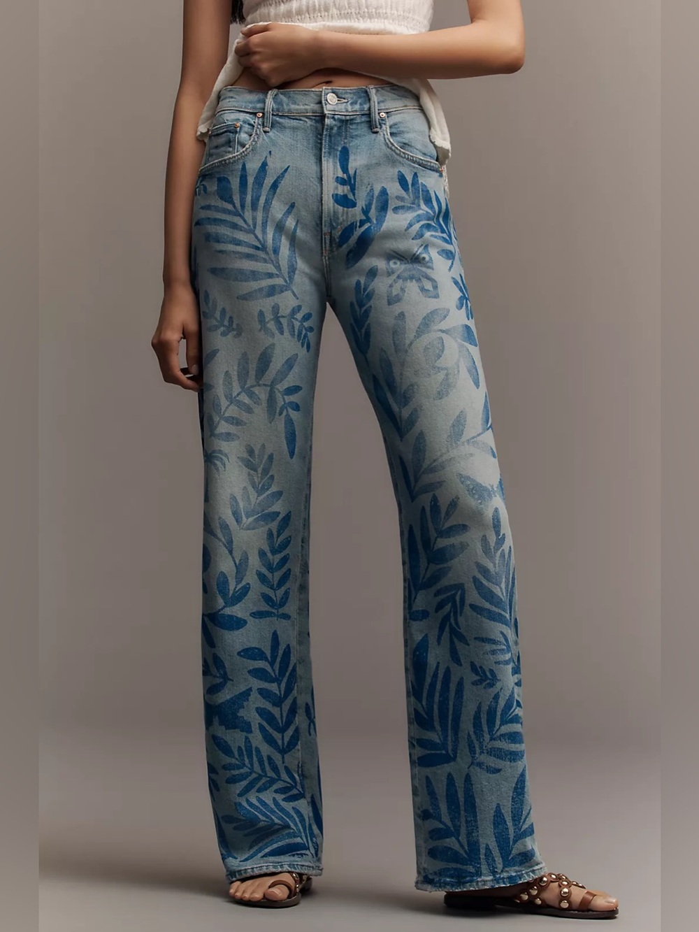NWT Mother The Lasso Sneak High-Rise Wide-Leg Jeans Pressed Leaves Butterfly